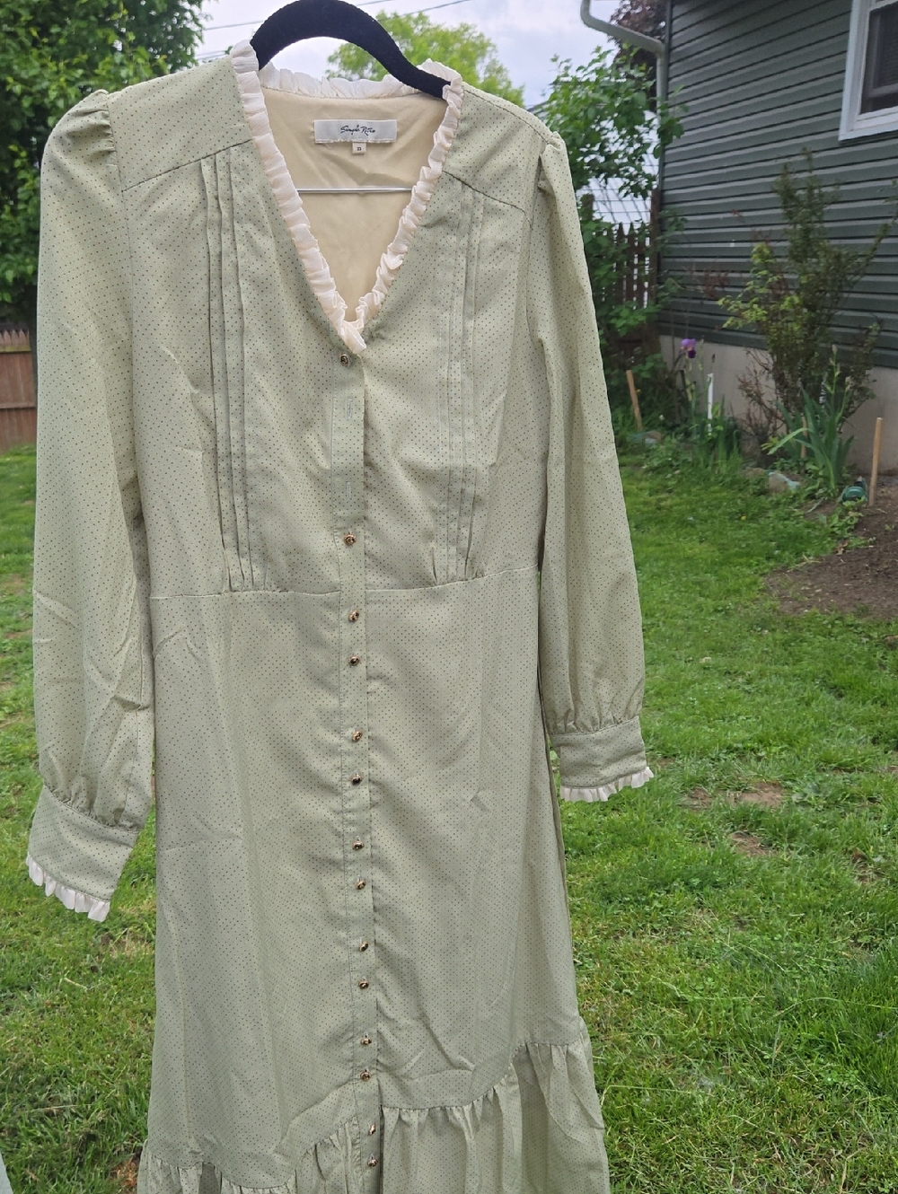 Simple Retro Sage Green Ruffle Button Front Tie Back Midi Dress XS
